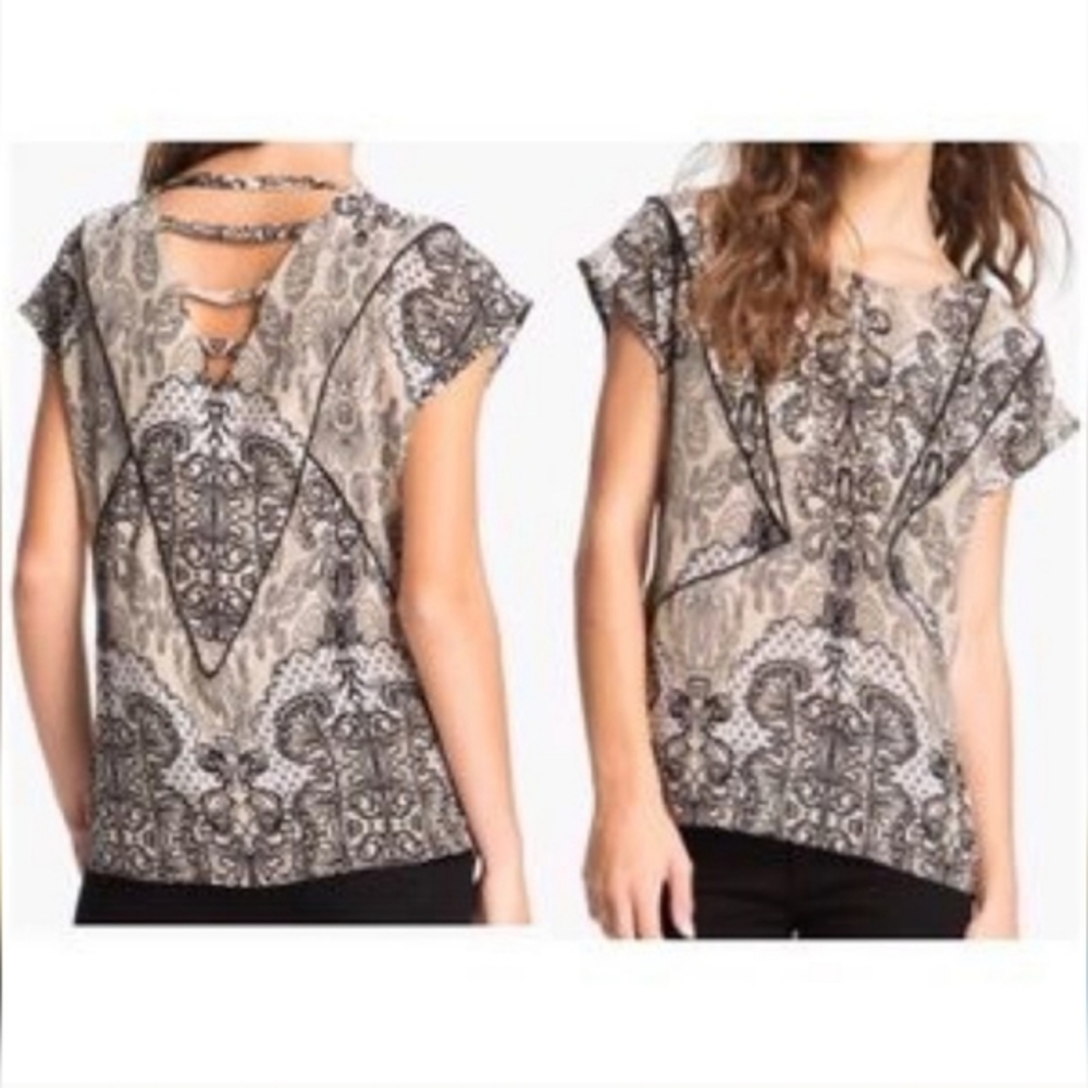 Anthropologie Silk Lace Print Short Sleeve Blouse Size M Black & Beige